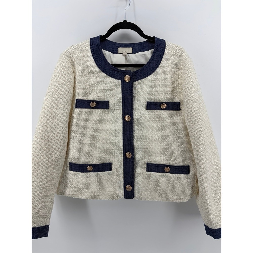 Loft, Tweed Women's Jacket, Cropped White/Denim Contrast, Gold Buttons, Size XL